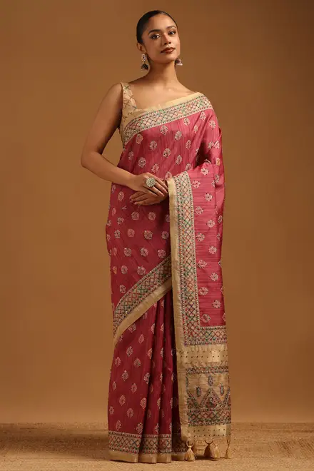Onion Pink Tussar Botanical Saree With French Knot Details